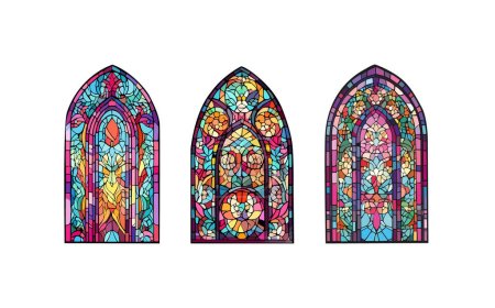 Illustration for Catholic or Christian decorations.Church panes decorated with colored mosaic glass in different shapes.Beautiful collection of vitreous paint windows with an abstract - Royalty Free Image