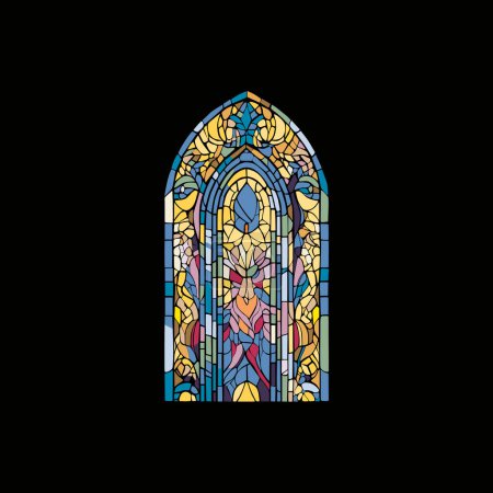 Illustration for Catholic or Christian decorations.Church panes decorated with colored mosaic glass in different shapes.Beautiful collection of vitreous paint windows with an abstract - Royalty Free Image