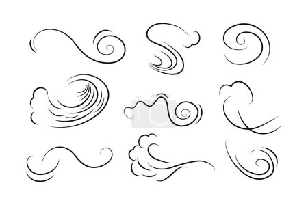 Illustration for Wind blow set in line style.Wave flowing illustration with hand drawn doodle cartoon style.Outline drawing of a breath of wind. - Royalty Free Image
