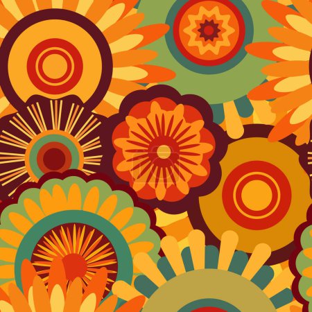 Drucke im Cartoon-Stil mit Blumen und Pilzen, Brillen und Retro-Elementen. Free Spirit Spaß backgrounds.Bohemian nahtlose Muster aus den 70er Jahren mit psychedelischen Twist, groovy Hippie inspirierte Hintergründe.