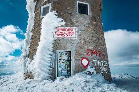 Old tower on the mountain summit called "Totov Vrv" at 2747 meters. Highest peak of Macedonia.