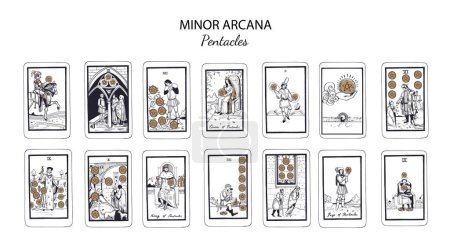 Pentáculos menores de arcana. Vector Tarot cartas conjunto