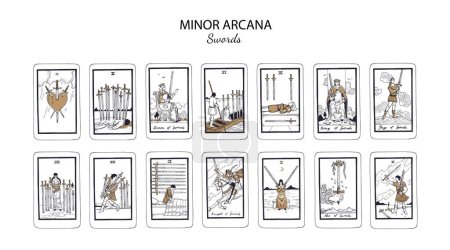 Espadas menores de arcana. Vector Tarot cartas conjunto