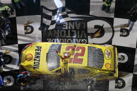Photo for DAYTONA BEACH, FL - FEB 12, 2011:  Denny Hamlin took the checkered, but he went below the yellow line to pass Ryan Newman giving the win to Kurt Busch, who won his first Shootout in his eighth start at the Daytona International Speedway in Daytona Be - Royalty Free Image