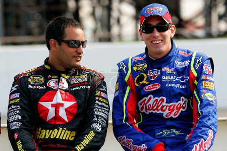 Photo for August 04, 2007 - Indianapolis, IN, USA: Juan Montoya and Kyle Busch during quallifying for the Pennsylvania 500 at the Pocono Raceway in Long Pond, PA. - Royalty Free Image