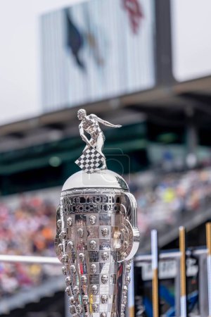 Photo for The Borg Warner Trophy sits in front of the Pagoda as the Indianapolis Motor Speedway plays host to the Indianapolis 500 in Indianapolis, IN, USA. - Royalty Free Image