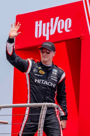 Photo for INDYCAR Series driver, JOSEF NEWGARDEN (2) of Nashville, Tennessee, is introduced to the fans before racing for the Hy-Vee INDYCAR Race Weekend at the Iowa Speedway in Newton, IA, USA. - Royalty Free Image