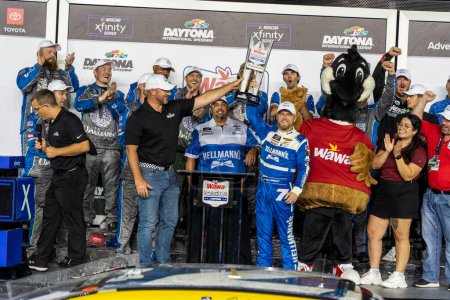 Photo for NASCAR Xfinity Driver, Justin Allgaier (7) celebrates his win for the WAWA 250 Powered by Coca-Cola at the Daytona International Speedway in Daytona  FL. - Royalty Free Image