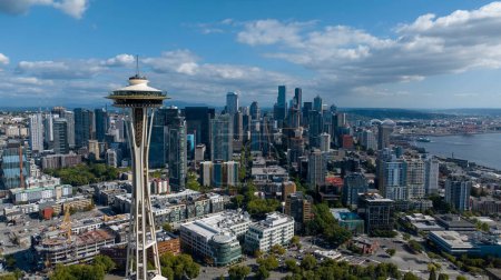 Aerial View of the Seattle Space Needle in the Lower Queen Anne neighborhood.