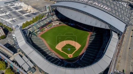 Téléchargez les photos : 05 sept. 2023-Seattle, WA : Vue Aérienne du T-Mobile Park, domicile des Major League Baseballs, Seattle Mariners. - en image libre de droit