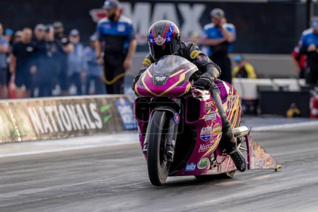 Photo for Sep 22, 2023-Concord, NC:  NHRA Pro Stock Motorcycles Series driver, Chip Ellis, runs down the lane during a qualifying session for the Betway Carolina Nationals. - Royalty Free Image