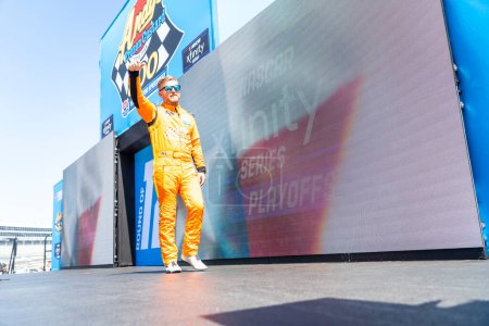 Photo for NASCAR Xfinity Series Driver Justin Allgaier (7) gets introduced for the Andy's Frozen Custard 300 at the Texas Motor Speedway in Fort Worth TX. - Royalty Free Image
