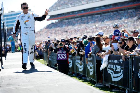 Photo for NASCAR Cup Series Driver AJ Allmendinger (16) gets introduced for the Bank of Amercia ROVAL 400 at the Charlotte Motor Speedway in Concord NC. - Royalty Free Image