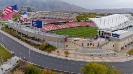 Foto de Vista aérea de America First Field, hogar del Real Salt Lake y del Club de la Liga Nacional de Fútbol Femenino Utah Royals FC. - Imagen libre de derechos