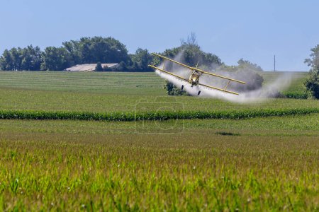 Photo for Low-flying crop duster combats pests, safeguarding fields with precision chemical spraying for insect control, ensuring healthy crop yields. - Royalty Free Image