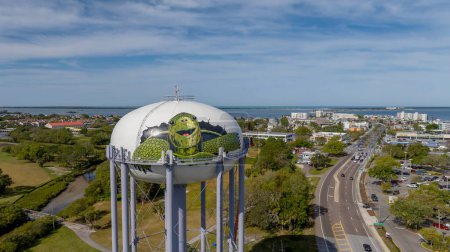 Foto de Arriba Dunedin, FL: La mirada aérea revela vibrantes tortugas pintadas adornando la icónica torre de agua Dunedin, agregando color y encanto al horizonte de Florida. - Imagen libre de derechos