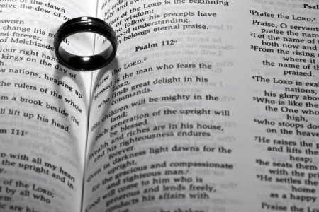 Union symbolique : La bande de mariage repose sur le Livre de Mormon, projetant une ombre en forme de c?ur, incarnant l'amour, l'honneur et l'engagement.