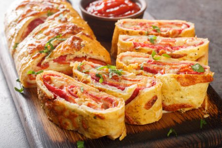 Italian food Pizza roll stromboli with cheese, salami and tomatoes closeup on the wooden board on the table. Horizonta
