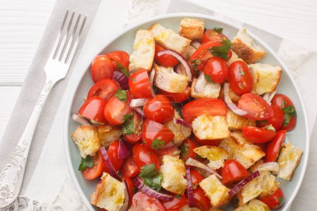Photo for Acquasala bread salad consists of fresh ripe tomatoes and stale bread that are soaked in olive oil, tomato juices, and often vinegar closeup on the plate on the table. Horizontal top view from abov - Royalty Free Image