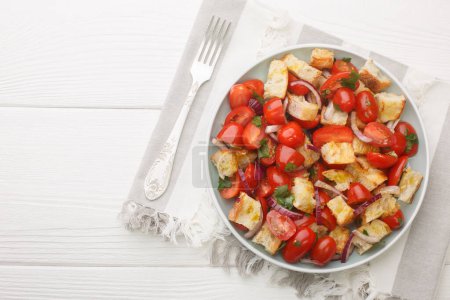 Photo for Summer Bread and tomato Salad Apulian Acquasala closeup on the plate on the table. Horizontal top view from abov - Royalty Free Image