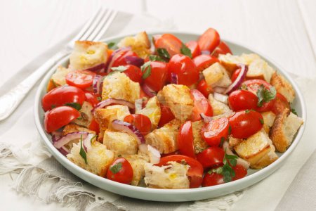 Photo for Summer Bread and tomato Salad Apulian Acquasala closeup on the plate on the table. Horizonta - Royalty Free Image