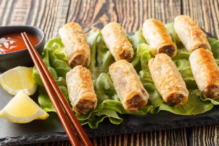 Foto de Rollos de primavera fritos nem vietnamitas con pollo y verduras servidos con salsa de cerca en un plato sobre la mesa. Horizonta - Imagen libre de derechos