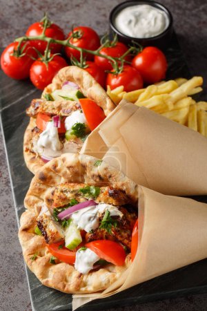 Griechischer Gyros mit Huhn und frischem Gemüse, serviert mit Tzatziki-Sauce und Pommes in Großaufnahme auf einem Brett auf dem Tisch. Vertica