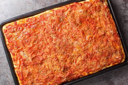 Photo for Sfincione most popular Sicilian pizza a thick flatbread seasoned with tomato sauce, anchovies, and cheese closeup on the baking sheet on the table. Horizontal top view from abov - Royalty Free Image