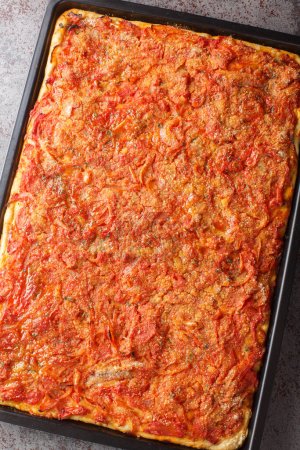 Photo for Sfincione or Sicilian-style pizza with a homemade yeast crust and tomato onion sauce, cheese, and anchovies on top closeup on a baking sheet on the table. Vertical top view from abov - Royalty Free Image