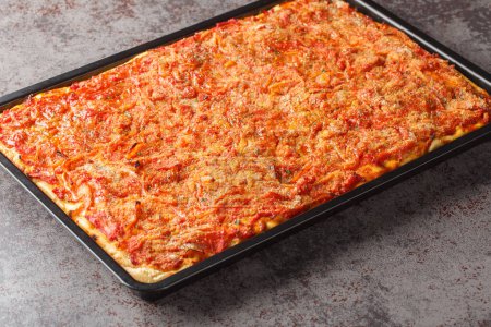 Foto de Sfincione la pizza siciliana más popular: un pan plano espeso sazonado con salsa de tomate, anchoas y primer plano de queso en la bandeja de hornear de la mesa. Horizonta - Imagen libre de derechos