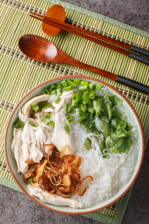 Photo for Vietnamese Chicken Soup with Glass Noodles Mien Ga closeup on the bowl on the table. Vertical top view from abov - Royalty Free Image