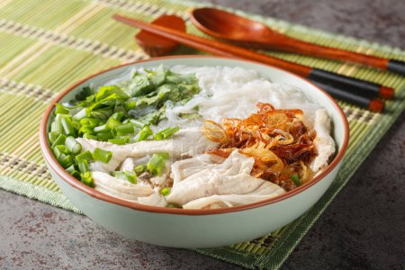 Photo for Mien Ga is a super simple and delicious Vietnamese chicken soup with cellophane noodles closeup on the bowl on the table. Horizonta - Royalty Free Image