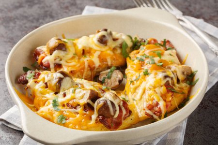 Chicken breasts are topped with a honey mustard sauce, bacon, cheese, and mushrooms closeup in the baking dish on the table. Horizonta
