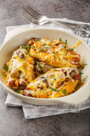 Tasty baked chicken breast in honey mustard sauce, topped with mushrooms, bacon, and a pile of cheese closeup in the baking dish on the table. Vertica