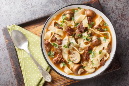 Stroganoff Soup is made with beef steak, mushrooms and noodles in a fragrant creamy broth closeup in a bowl on the table. Horizontal top view from abov