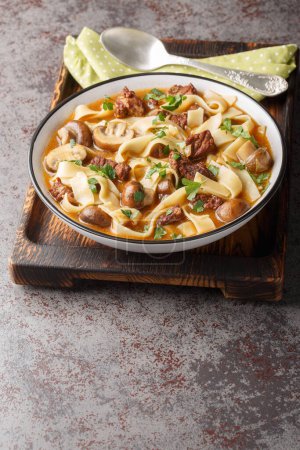 Creamy Beef Stroganoff Soup is made with tender chunks of beef, mushrooms and noodles in an extra-delicious broth in a bowl on the table. Vertica
