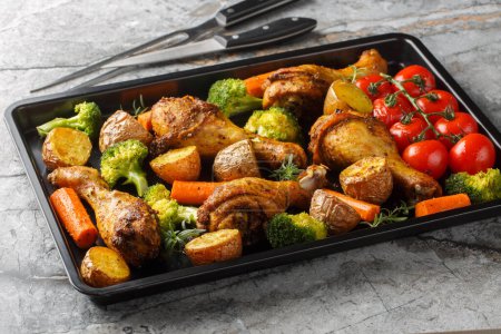 Oven baked chicken drumsticks with fresh baked vegetables close-up on a baking sheet on the table. Horizonta