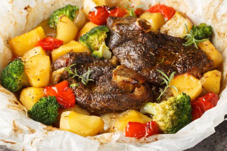 En papillote Lamb with potatoes, broccoli, onions and peppers in parchment close-up in a frying pan on the table. Horizonta