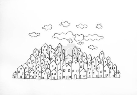 Foto per Disegno ad effetto pastello a mano libera di un villaggio di case in bianco e nero - Immagine Royalty Free