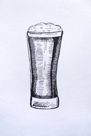Black ink sketch drawing on white paper of a glass of beer