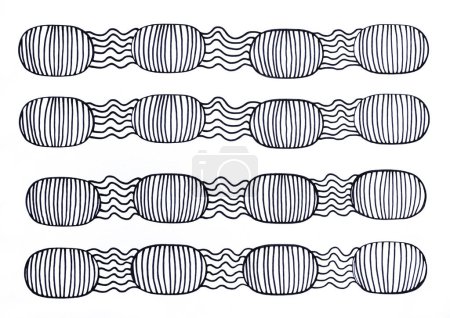 Handmade graphic drawing of ovals and wavy lines in black ink on white paper