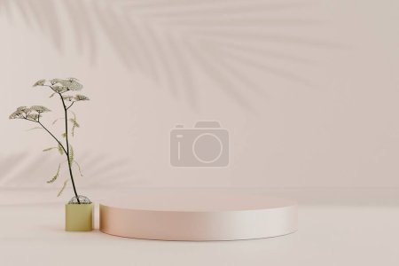 Téléchargez les photos : Exposition Podium, stand, sur fond architectural clair pastel pour un produit haut de gamme, rendu 3D. - en image libre de droit