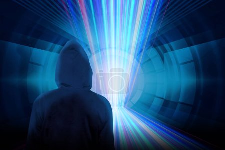 Photo for Cyber cyber security concept with abstract background of a man in a tunnel with a neon light - Royalty Free Image
