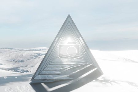 Foto de 3 d renderizado abstracto futurista tecnología paisaje con pirámide en blanco superficie, 3 d ilustración - Imagen libre de derechos