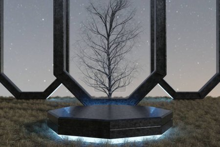 Téléchargez les photos : Concept de fond numérique d'un podium moderne avec un arbre noir, scène pour l'affichage des produits - en image libre de droit