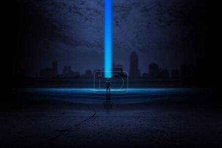 Photo for Blue light on dark concrete floor with neon light in night city. night view, empty empty room. street light with smoke. empty street, silhouette of person - Royalty Free Image