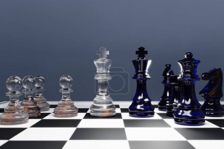 Téléchargez les photos : Concept de leadership et de croissance, pion rouge d'échecs, se détachant de la foule des pions noirs, sur fond noir avec espace de copie vide sur le côté droit. Rendu 3D - en image libre de droit