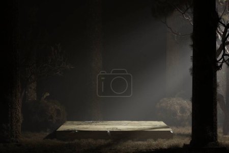 Photo for Dark forest scene for product display. Empty show for packaging product presentation. Background for products. Mock up the pedestal. - Royalty Free Image