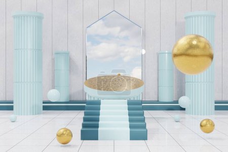 3 d illustration of abstract geometric podium background with golden spheres