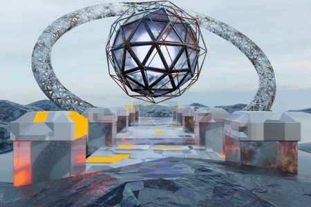 Photo for Alien Hi-Tech Reflective Room With Abstract Sphere and Metal Futuristic Landscape Empty Space Background 3D Rendering Illustration - Royalty Free Image